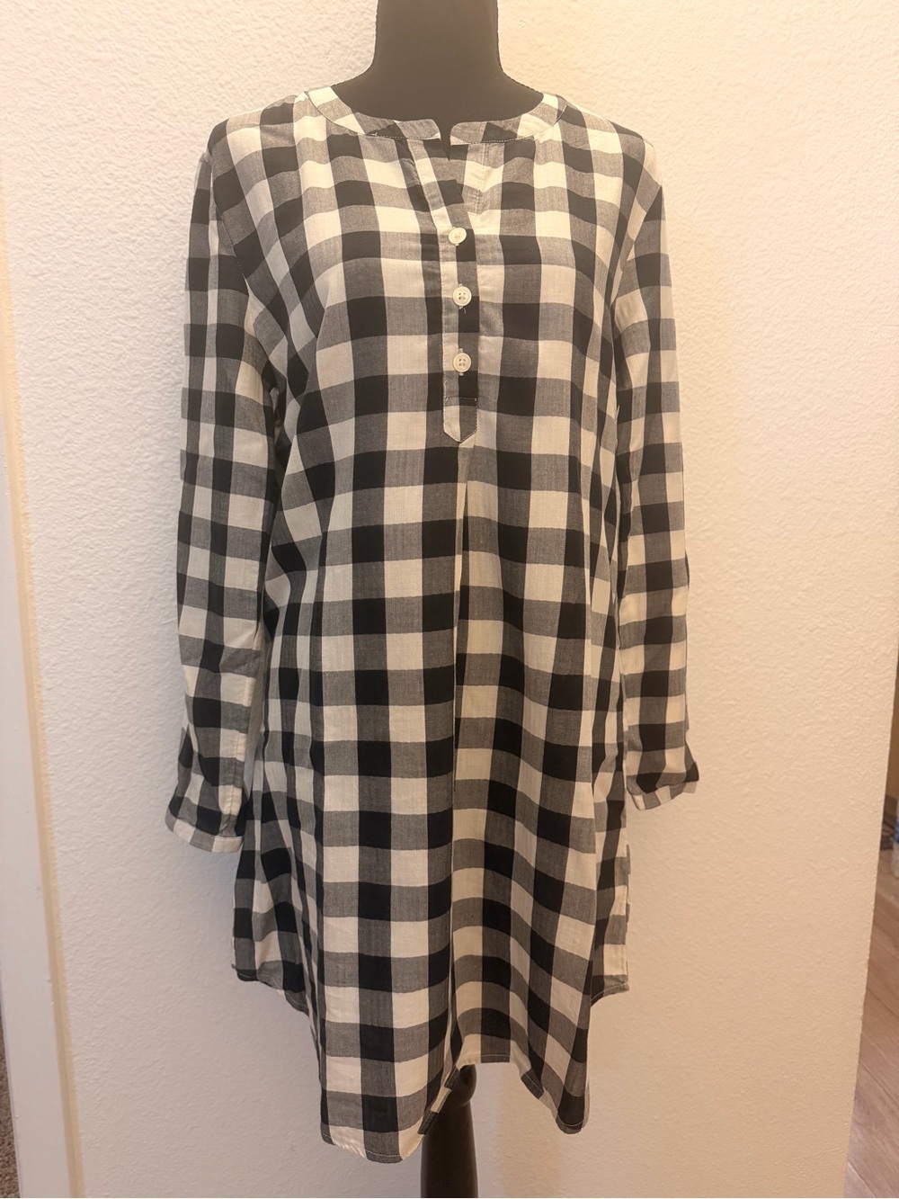 LOFT Black and White Checked Long Sleeve Tunic Dress